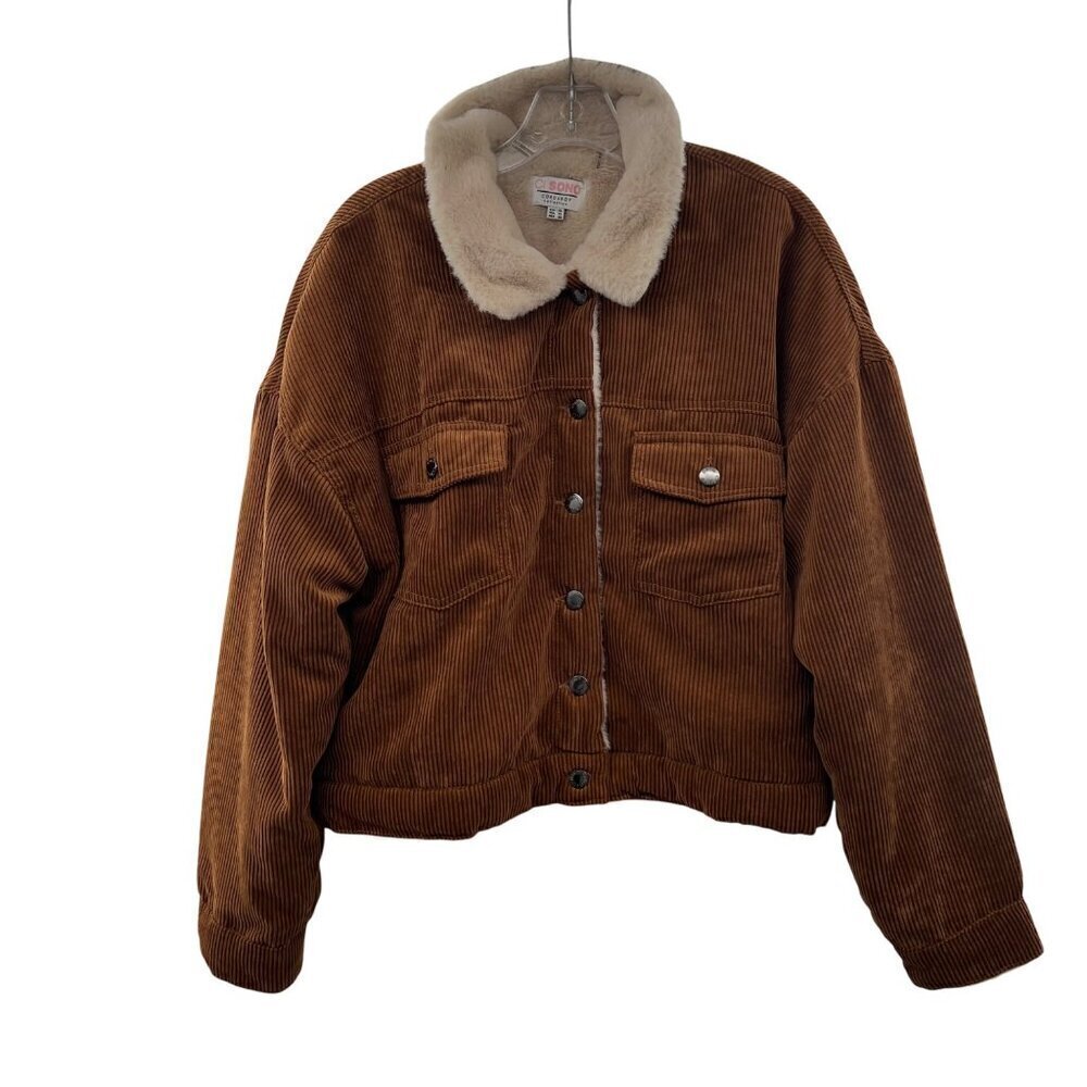 CI Sono Womens Corduroy Coat Faux Fur Lining Button Up Rust/Cream Size XL